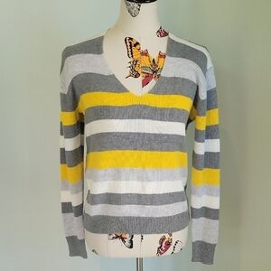 Express V-Neck Sweater in Gray and Yellow Stripes